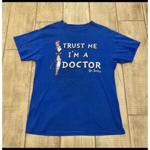 VTG Dr Seuss Tee M Blue Trust Me I'm A Doctor Cat in the Hat Grunge Y2K T-Shirt